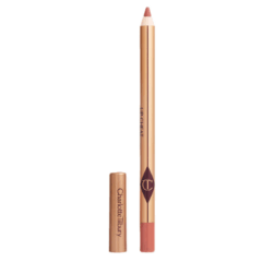 Lipliner potlood in goudkleurige huls met dop ernaast, merknaam zichtbaar. Perfect voor het contouren van lippen.
