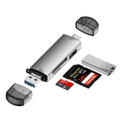Multifunctionele USB-C kaartlezer met SD-kaarten, perfect voor snelle gegevensoverdracht en opslaguitbreiding.