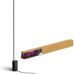 Minimalistische vloerlamp met zwarte basis, geleverd met lange, smalle doos. Perfect voor modern interieurdesign.