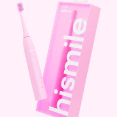 Roze elektrische tandenborstel van Hismile met bijpassende verpakking voor een stralende glimlach.