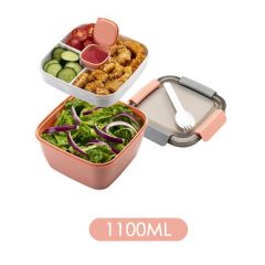 Lunchbox 1100ml met salade en groenten, inclusief bestek en compartimenten voor verse maaltijden onderweg.