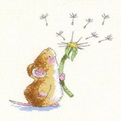 Muis met Paardenbloem Borduurset 14CT op Wit Borduurstof