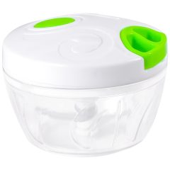 Transparante plastic keukenhakmolen met witte en groene deksel voor efficiënt hakken en mengen van ingrediënten.