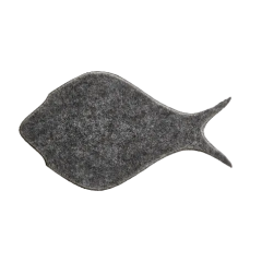 Grijs vilten vloerkleed in de vorm van een vis, ideaal voor moderne interieurdecoratie.