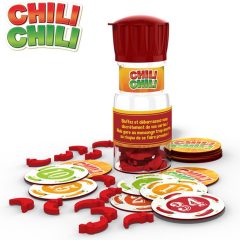 Chili Chili spel met kleurrijke schijfjes en doos, perfect voor gezellige spelavonden met familie en vrienden.