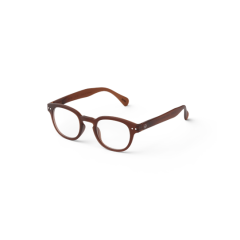 Bruine houten bril met ronde glazen op witte achtergrond. Stijlvolle, duurzame montuur voor een modieuze look.