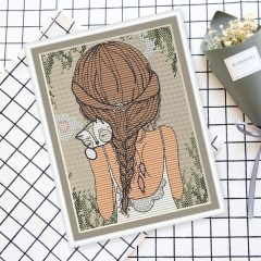 Meisje Dochter Kat Borduurset 14CT op Bruin Borduurstof RW3971