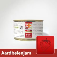 Blik aardbeienjam, 400 g, etiket met voedingsinformatie en allergenenvrij symbool, Future-Proof Emergency Food.