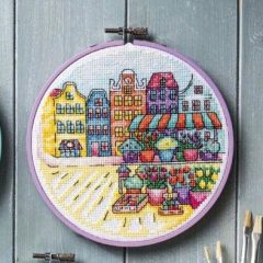 Amsterdamse Bloemenkraam Borduurset 18CT op Wit Borduurstof