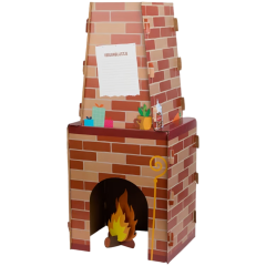 Kartonnen Sinterklaas schoorsteen met verlanglijstje, cadeautjes en staf, perfect voor decoratie en feestvreugde.