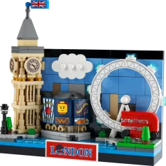 LEGO-set met Londense iconen zoals de Big Ben en het London Eye, op een speelse en kleurrijke manier afgebeeld.