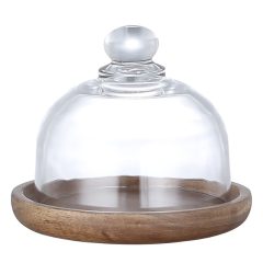 8cm - Glazen Stolp op Hout - Glas - op Voet