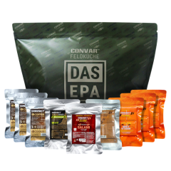 Alt-tekst: Diverse voedingspakketten van CONVAR Feldküche, inclusief koffie, salami en multivitaminen voor outdoor avontuur.