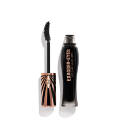 Zwart-witte mascara met gebogen borstel voor volumineuze wimpers. Exagger-Eyes verpakking in luxueus design.