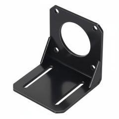 Metalen L-vormige beugel met schroefgaten en ronde uitsparing, geschikt voor montage van componenten.