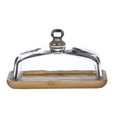 Glazen stolp op houten onderbord, ideaal voor het stijlvol presenteren van kaas of boter op tafel.