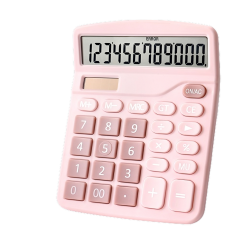 Roze rekenmachine met grote knoppen en foutmelding op display tegen witte achtergrond.