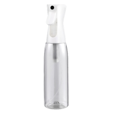 Doorzichtige verstuiver fles met witte dop voor haarstyling of plantenverzorging.