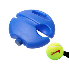 Blauw tennis trainingsapparaat met gele bal, ideaal voor solo-oefeningen en verbeteringen van tennistechnieken.