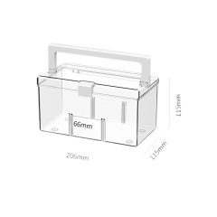 Transparante opbergdoos met handvat, afmetingen 206x115x115 mm, veelzijdig voor opslag en organisatie.