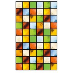 Abstract gekleurd mozaïek met oranje, groene, blauwe en gele vierkanten in een rasterpatroon.