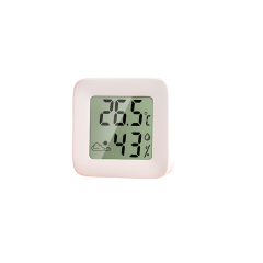 Digitale thermometer en hygrometer met temperatuur 26,5°C en luchtvochtigheid 43% op wit achtergrond.