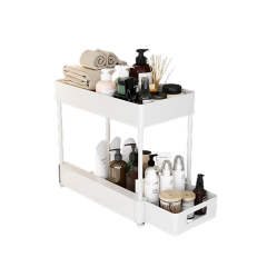 Witte badkameropberger met handdoeken, verzorgingsproducten en accessoires, geordend op twee niveaus.
