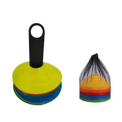 Kleurrijke sportmarkeringsschijven met houder en draagtas, perfect voor veldtraining en sportactiviteiten.