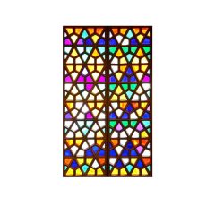 Kleurrijk glas-in-loodraam met geometrische patronen, perfect voor historische gebouwen en kerkdecoratie.
