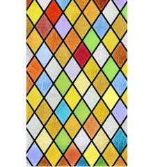 Kleurrijk glas-in-loodpatroon met ruitvormen in diverse tinten, creëert een levendig visueel effect.