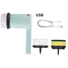 Draadloze elektrische schoonmaakborstel met USB-kabel en verwisselbare borstels voor efficiënte reiniging.