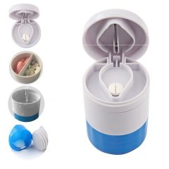 Pillensnijder en -opberger met ingebouwde crusher en waterbeker. Meerdere functies voor medicijnbeheer.