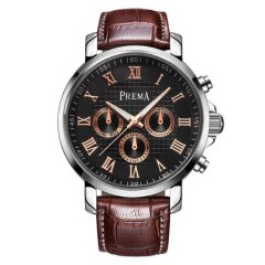 Luxe herenhorloge met bruine leren band, roestvrijstalen kast en zwarte wijzerplaat met Romeinse cijfers.