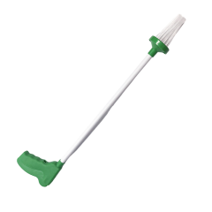 Groene mini-golfclub met witte steel en borstelkop, geschikt voor putt-training binnenshuis of op kantoor.