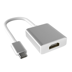 USB-C naar HDMI adapter, zilverkleurig, voor het aansluiten van apparaten op HDMI-schermen.