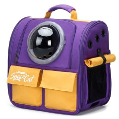Paarse astronauten-kattenrugzak met venster en gele details, ideaal voor huisdierreizen en avonturen.