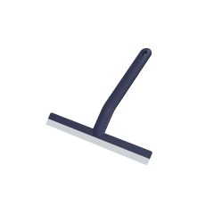 Blauwe siliconen raamwisser met ergonomisch handvat, ideaal voor streeploze ramen en douchedeuren.