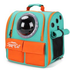 Turquoise en oranje kattenrugzak met bolvormig venster, perfect voor huisdierentransport in stijl en comfort.
