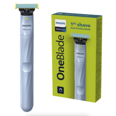 Philips OneBlade scheerapparaat en verpakking, geschikt voor de eerste scheerbeurt met anti-wrijvingsmes.