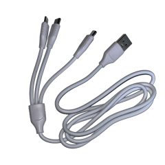Witte USB-kabel met drie uitgangen voor opladen en gegevensoverdracht, geschikt voor meerdere apparaten.