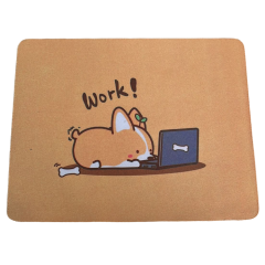 Cartoon corgi werkt op laptop met botafbeelding en Work! tekst, grappige illustratie voor motivatie.