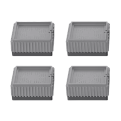 Vier grijze plastic containers met ribbeldeksels, geschikt voor opslag en transport van diverse materialen.