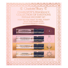 Charlotte Tilbury parfumset met vier geuren: More Sex, Love Frequency, Star Confidence, Joyphoria.