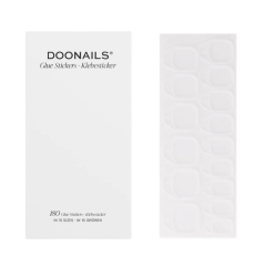 Doonails lijmstickers voor kunstnagels, 180 stuks in 15 maten, verpakking met stickervellen.