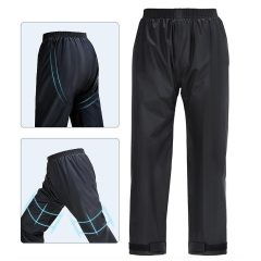 Waterdichte zwarte regenbroek met elastische tailleband en verstelbare enkels, ideaal voor fietsen en wandelen.