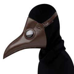 Personage met pestdokter masker en zwarte kleding, gestileerd voor historische of theatrale doeleinden.