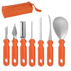 Set van oranje keukengereedschap voor pompoen snijden, inclusief 7 stuks met etui, geschikt voor Halloween decoratie.