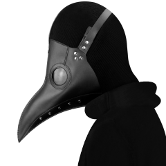 Persoon in zwarte pestmasker, zijkant. Historisch medisch accessoire, iconisch design uit de pesttijd.