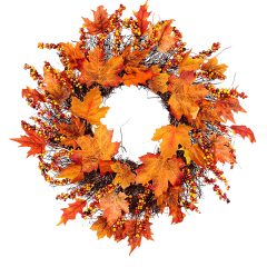 Herfstkrans met kleurrijke bladeren en bessen, perfect voor seizoensdecoratie en warme herfstambiance in huis.