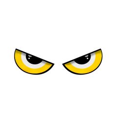 Gele, boze ogen kijken agressief naar voren tegen een witte achtergrond.